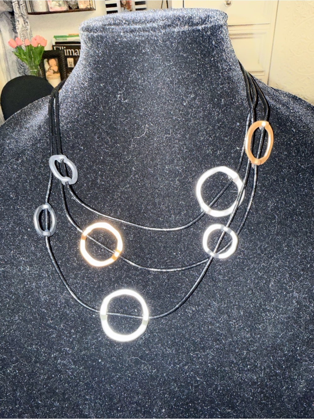 Modern Multi-Row Circle Pendant Necklace in Black with Silver & Gold Accents